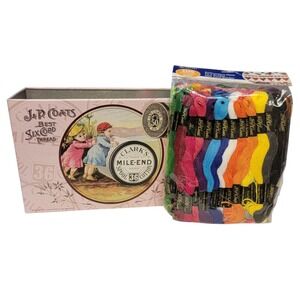 J&P Coats & Clark Embroidery Floss‎ 105 Ct + Decorative Tin Retro Needlework